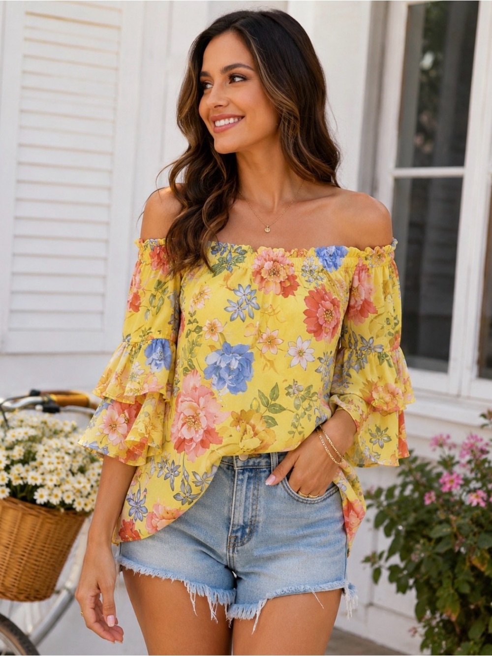 🩷. #5085. Sweet Pea Yellow Floral Off Shoulder Blouse | Boho Ruffle Top